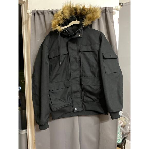 L.O.G.O / H& M WO size large Black hooded faux fur quilted coat multi pockets - Picture 2 of 14